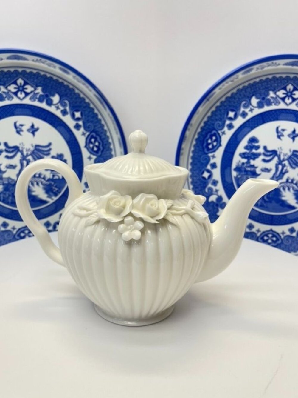 Godinger White Ceramic Floral Teapot Cottage Chic Decor - Picture 2 of 10